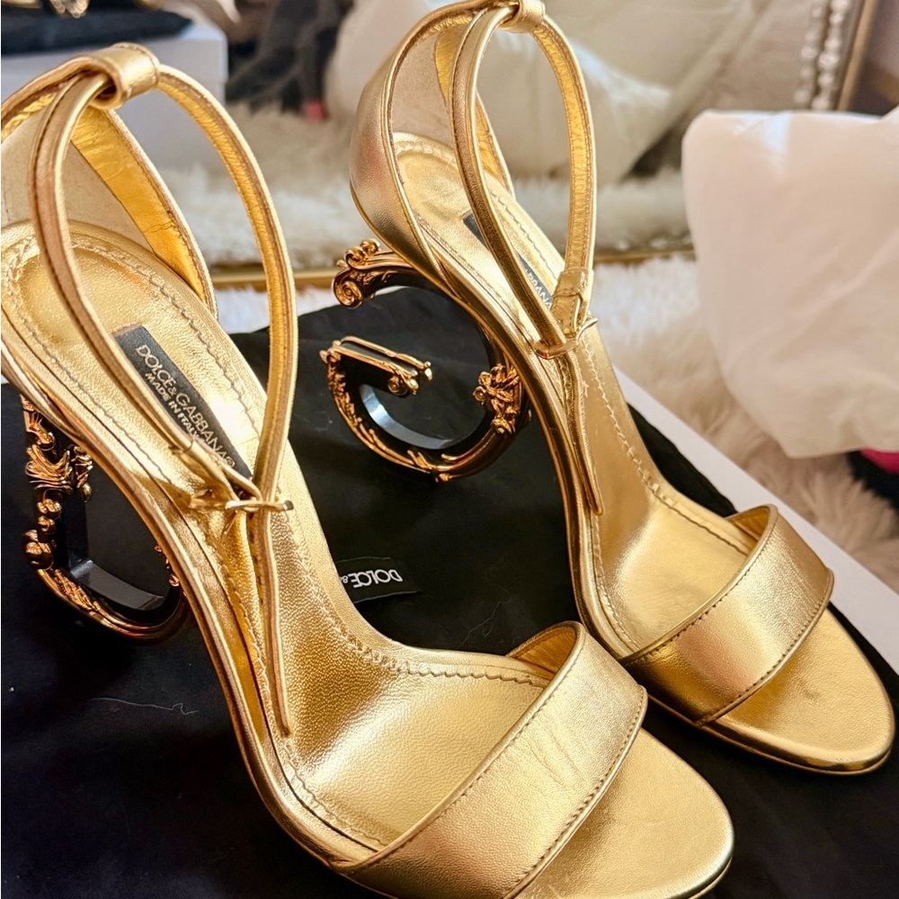 Dolce & Gabbana Metallic Gold Sculpted-Heel Slingback Sandals